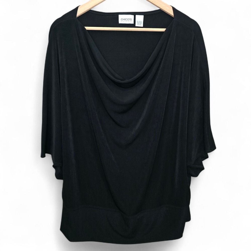 Chicos Travelers Top Womens M/L Black Slinky Cowl Neck Blouse Stretch Casual